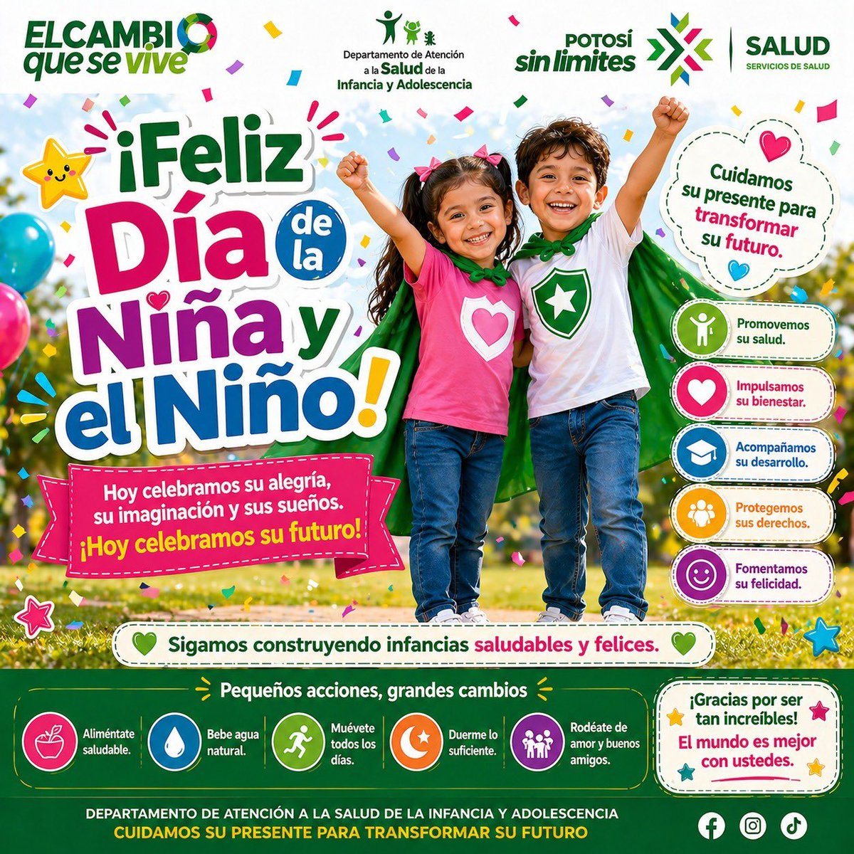 ssaslp's tweet photo. Feliz día a las niñas y los niños.

Celebramos su alegría, cuidamos su futuro 💚

#SaludSinLímites #PotosíSinLímites #ElCambioQueSeVive #DíaDeLaNiñez #RicardoGallardo @RGC_Mx https://t.co/UGfAnWWZrc