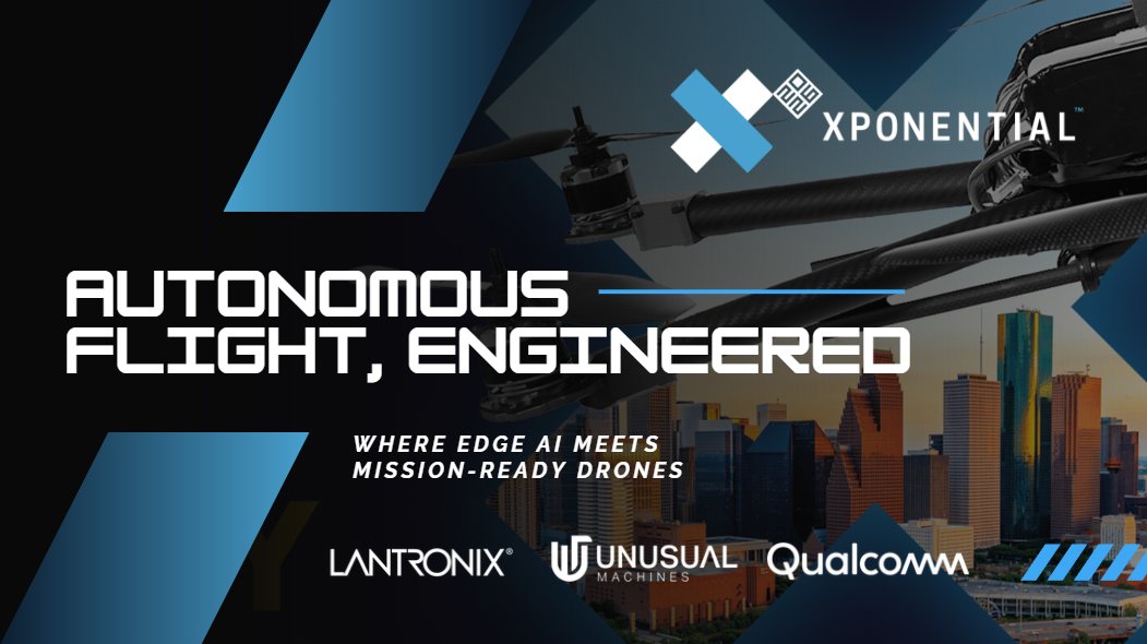 lantronix's tweet image. The future of autonomous flight is being built at the edge.

At XPONENTIAL 2026, @lantronix will debut its Open-Q™ 8550CS µSOM and showcase its Drone Reference Platform, enabling secure, NDAA-compliant, AI-driven drones.

Experience it live in the @Qualcomm and @MachinesUnusual
