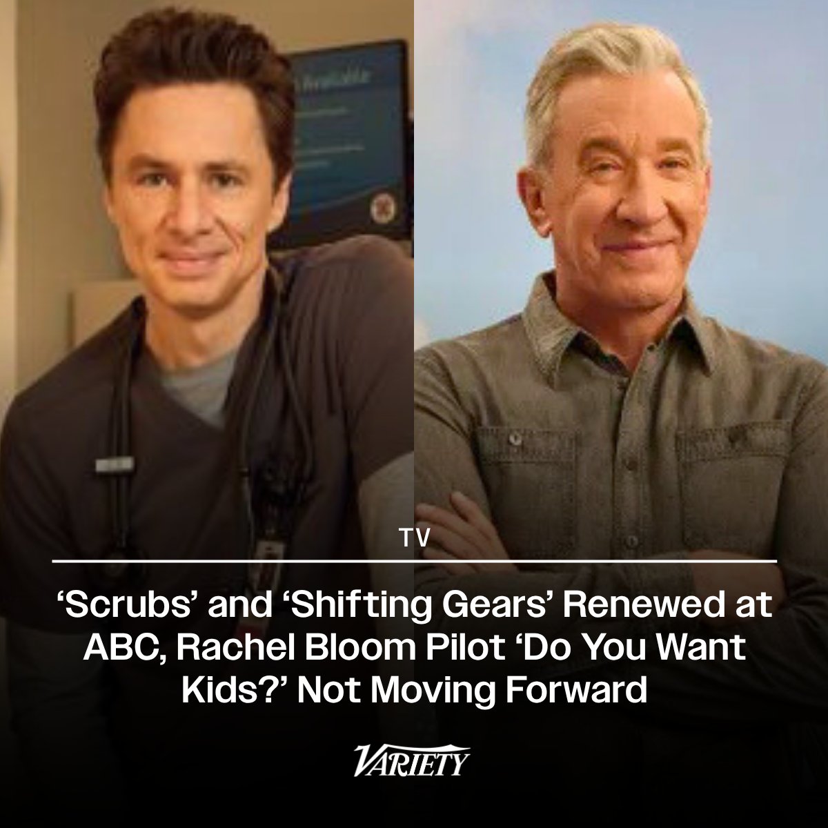 Variety's tweet image. ABC has renewed both its revival of “Scrubs” and the multi-cam comedy “Shifting Gears.”

This will be the second season of the revival and the show’s 11th season overall. “Shifting Gears” will return for its third season after airing its second between Oct. 2025 and Feb. 2026.