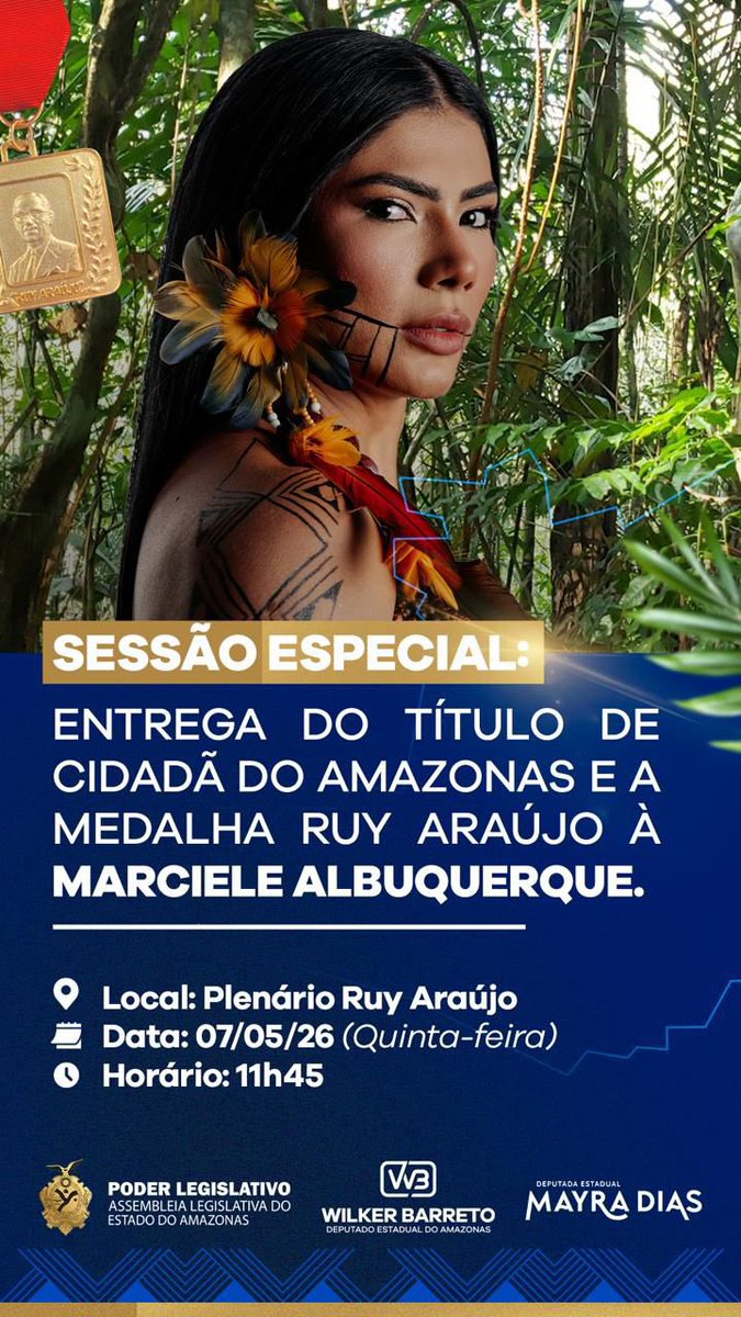 QGdaMarci's tweet photo. Atenção maracas  🪇 📢
Nossa Cunhã Poranga Marciele será homenageada na ALEAM com a Medalha Ruy Araújo e o título de Cidadã do Amazonas. 
É o reconhecimento de toda a sua trajetória e amor pelo nosso Norte! ✊

Fiquem ligados aqui no QG que em breve  vamos divulgar o link da transmissão para que todos possam acompanhar 🤩💙