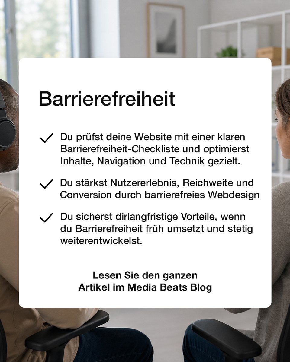 BeatsGmbh's tweet photo. ♿ Barrierefreiheit ist kein Extra.

Sie entscheidet über Sichtbarkeit, UX und rechtliche Sicherheit.

Alt-Texte, klare Struktur, gute Kontraste, und mehr.

In unserer Checkliste zeigen wir,
wie du deine Website systematisch für Barrierefreiheit optimierst.

👉 https://t.co/q3X0Wiqxu8

#Barrierefreiheit #Accessibility #Webdesign #SEO #OnlineMarketing #UX #Website