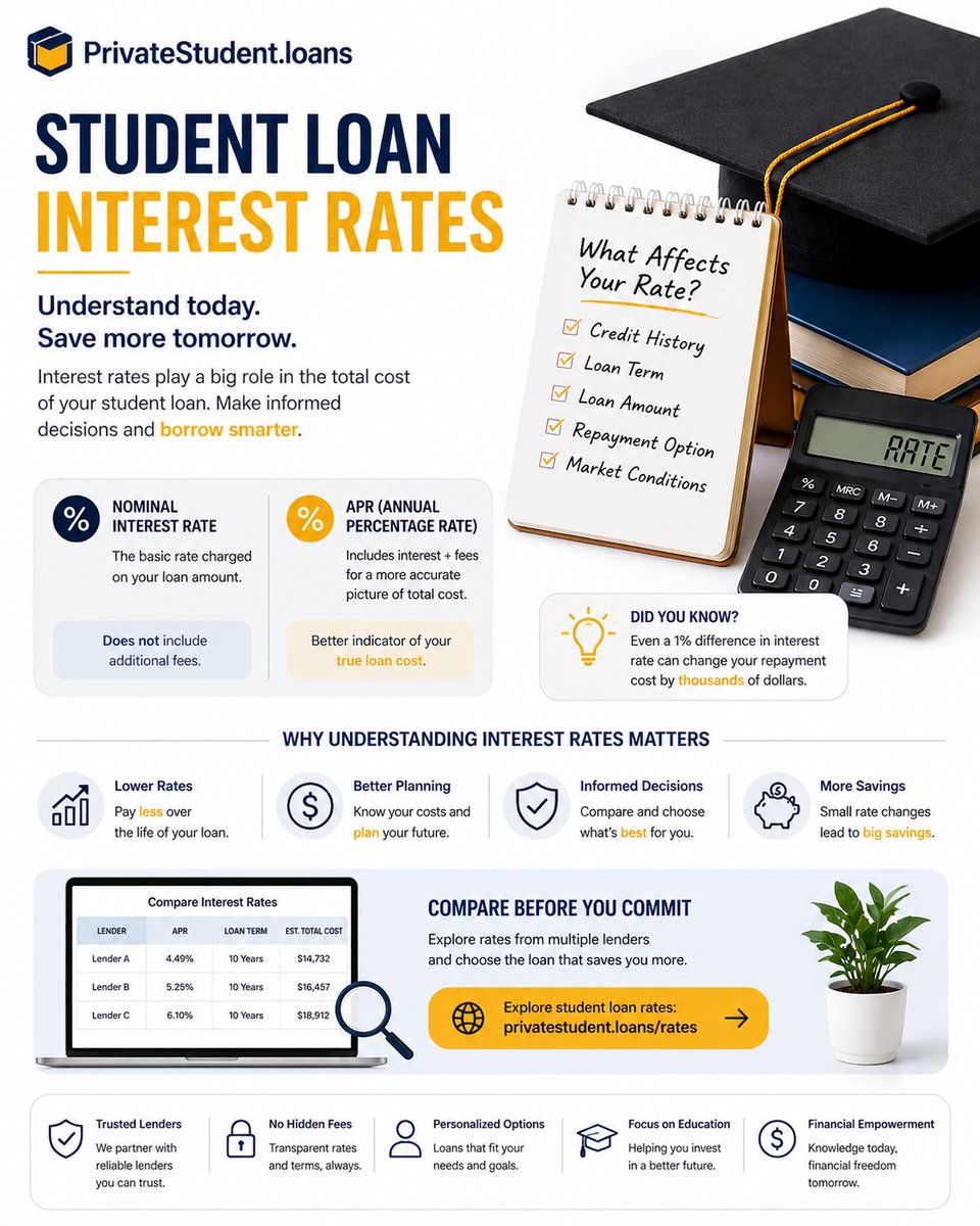 privatestudent_'s tweet image. student loan interest rates

Interest rates are one of the biggest factors that affect how much you repay over time.

Understanding student loan interest rates before applying can help you make a smarter financial decision.

 privatestudent.loans/rates

#InterestRates #StudentLoans