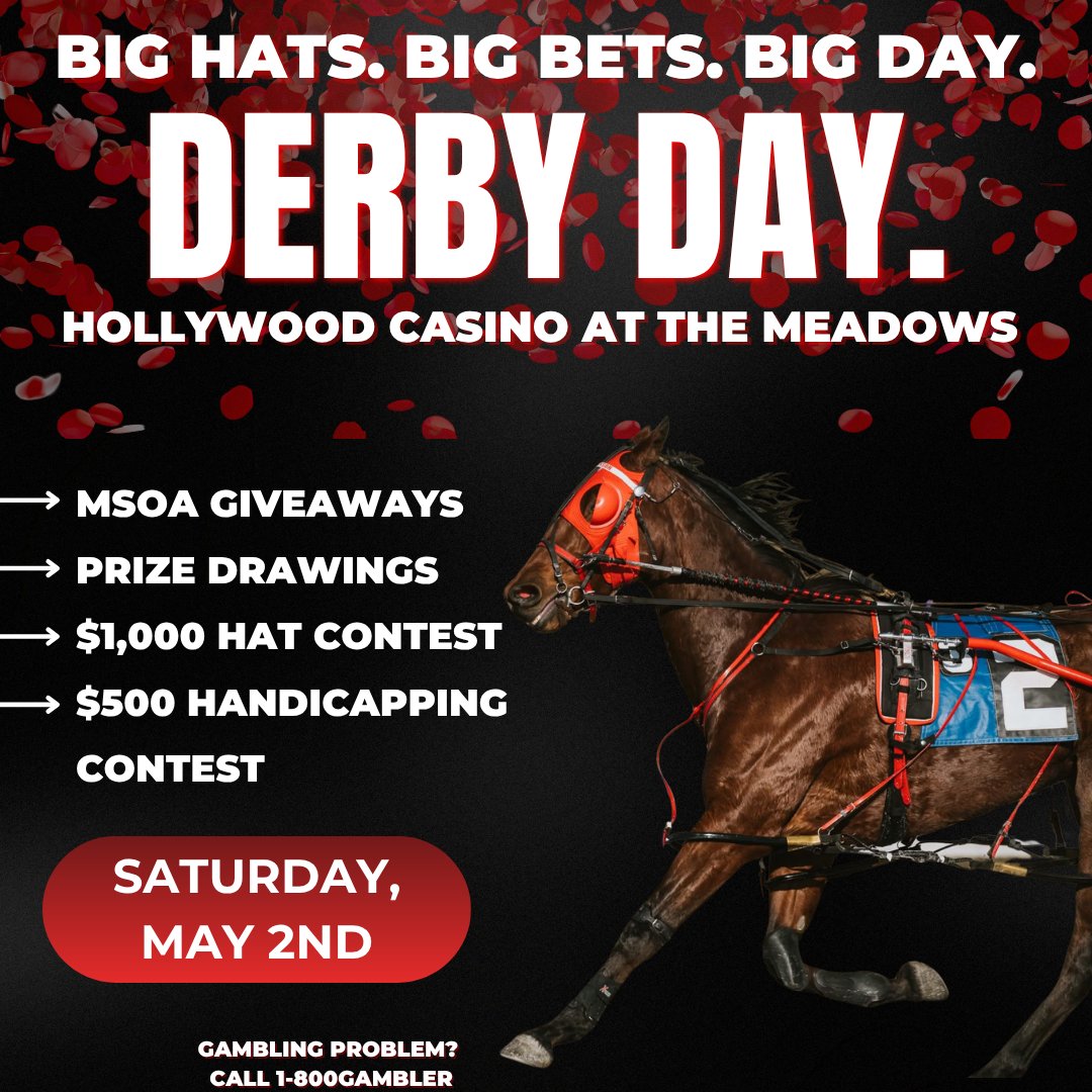 Don't forget‼️Kentucky Derby Day at The Meadows — this Saturday, May 2nd! 🐎

$1,000 hat contest • $500 handicapping contest • giveaways • food trucks • live racing
Plus stakes action featuring the 3YO colt &amp; gelding pacers. See you there!