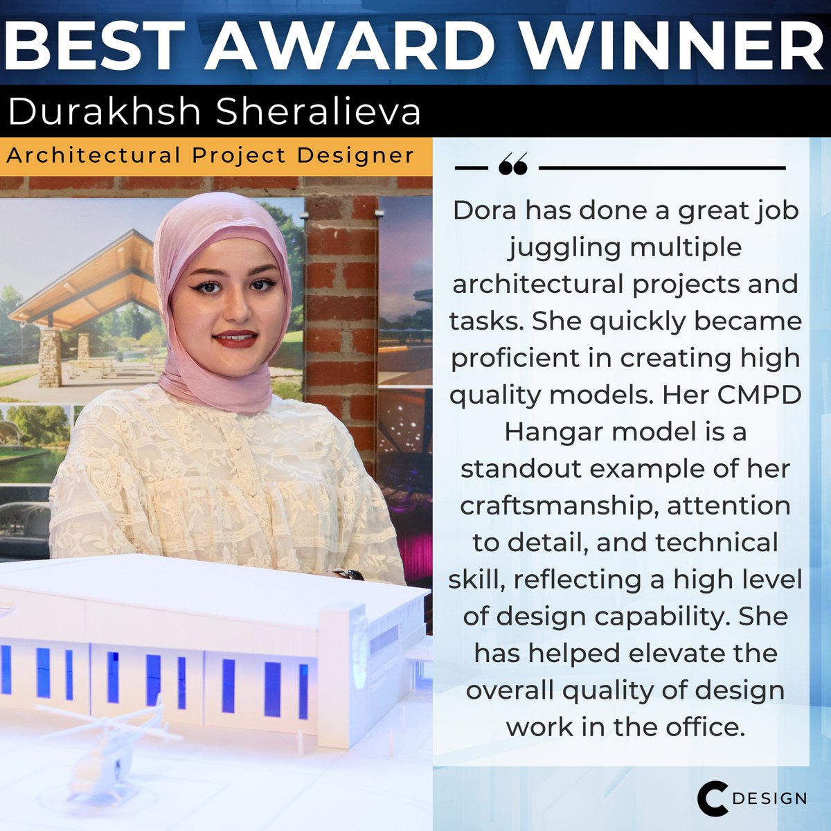 CdesignTweets's tweet photo. Congratulations to Durakhsh Sheralieva for winning the second quarter C Design Best Award. The C Design Best Award winner is the employee who receives the most nominations from their co-workers for being recognized as putting forth their BEST during the quarter.
#CDesignBestAward https://t.co/bS15hAU1b6
