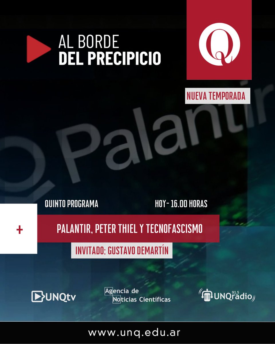 Agencia__UNQ's tweet photo. 🎙️ ¡HOY 16hs! EP 05 de #ABDP: Palantir, Peter Thiel y tecnofascismo👤💻🚫
📣Nos visita: Gustavo Demartín, docente. Filósofo. Integrante del Observatorio de Historia Pública y Filosofía de la UNQ
📺 Miralo en vivo por @audiovisualunq⤵️
https://t.co/tiMlqCCWIb https://t.co/NTtF134s7U