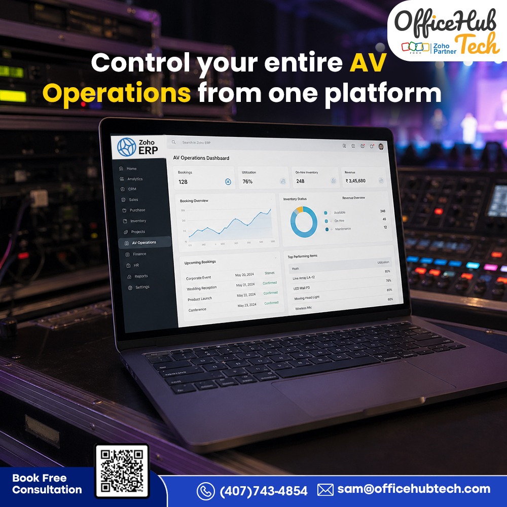 OfficeHubTech's tweet image. Control your entire AV operations from one platform.

From MRP to inventory, billing to service— @ZohERP connects everything into one system built for AV businesses.
Book demo: zurl.co/Nbx3F

#ZohoERP #AVIndustry #BusinessAutomation