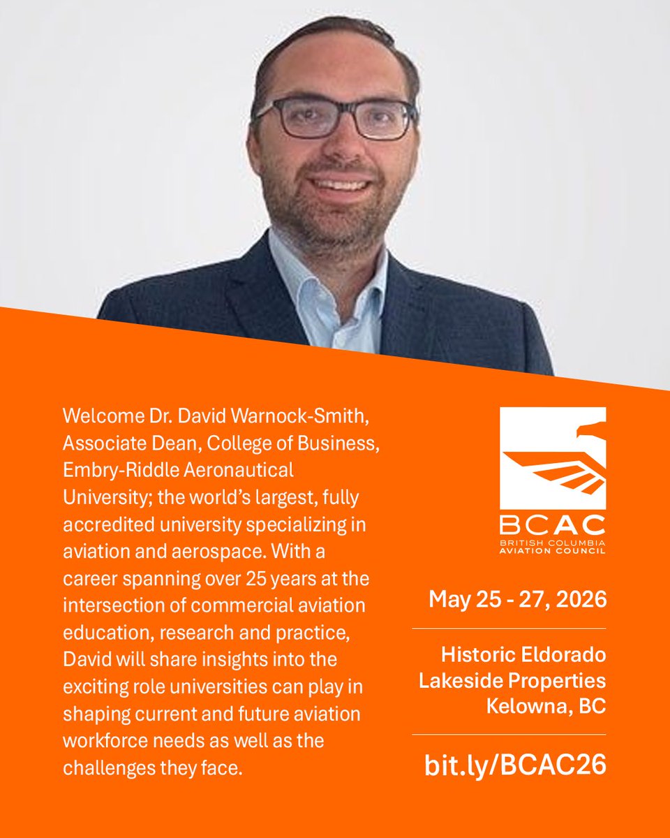 BCAC1938's tweet photo. ✈️ Speaker Announcement
Welcome, David Warnock-Smith, Associate Dean at Embry-Riddle Aeronautical University. He’ll share insights into the critical role universities play in shaping today’s and tomorrow’s aviation workforce.
 
🔗 https://t.co/8FkFHiSARZ https://t.co/fsoGdM4UM4