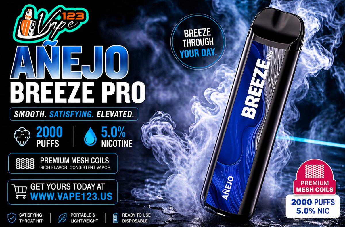 vape123official's tweet photo. Meet the smooth side of vaping — Añejo Breeze Pro 2000 Puffs

Rich flavor. Sleek design. Effortless satisfaction.
✔️ 2000 puffs
✔️ 5% nicotine
✔️ Premium mesh coils
🛒 Grab yours now: https://t.co/kxCts2hn9z

#BreezePro #Anejo #Vape123 #DisposableVape #VapeLifel #SmoothVape https://t.co/a2TRDlPJY3