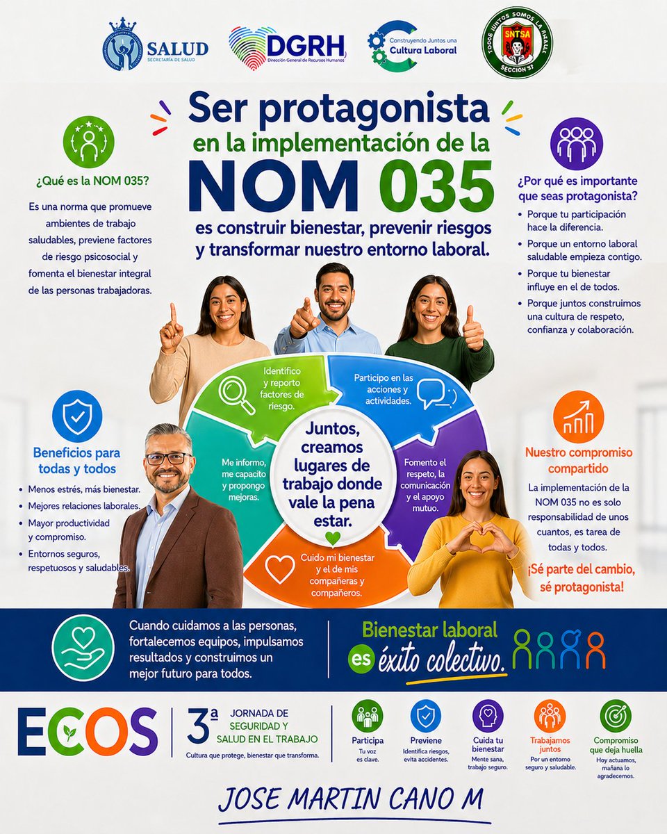sntsa_37's tweet photo. Ser protagonista del cambio es actuar hoy. 💪
En la 3ª Jornada de Seguridad y Salud en el Trabajo impulsamos la #NOM035 para construir bienestar, prevenir riesgos y fortalecer equipos.
Tu participación hace la diferencia.
El bienestar laboral es éxito colectivo. 💚
#SeguridadYSalud #TrabajoDigno #BienestarLaboral