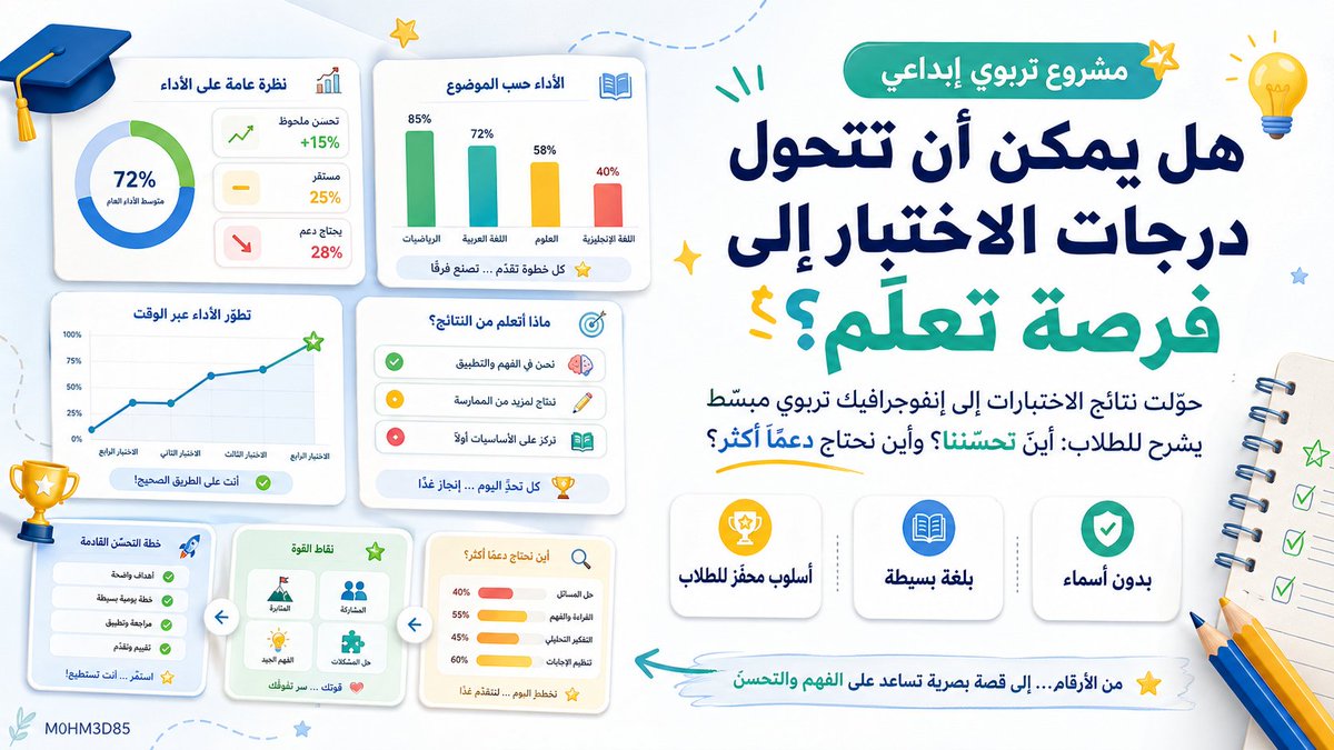 M0HM3D85's tweet photo. الدرجات لا يجب أن تُخيف الطالب…
بل يمكن أن تُرشده. 📊🌱

جربت تحويل نتائج اختبارات الصف إلى إنفوجرافيك تربوي مبسط، يعرض الأداء بطريقة ودية ومحفزة:
رحلة الصف، نقاط القوة، فرص التحسن، وخطة بسيطة للنجاح.

الفكرة أن يرى الطالب نتيجته كطريق قابل للتحسن، لا كحكم نهائي عليه.

تحليل البيانات في التعليم لا يعني الجداول المعقدة فقط…
بل قد يكون رسالة تربوية ملهمة داخل الصف. ✨

التحليل في التغريدة المتسلسة في الاسفل 👇

#التعليم
#المهارات_الرقمية
#تحليل_البيانات