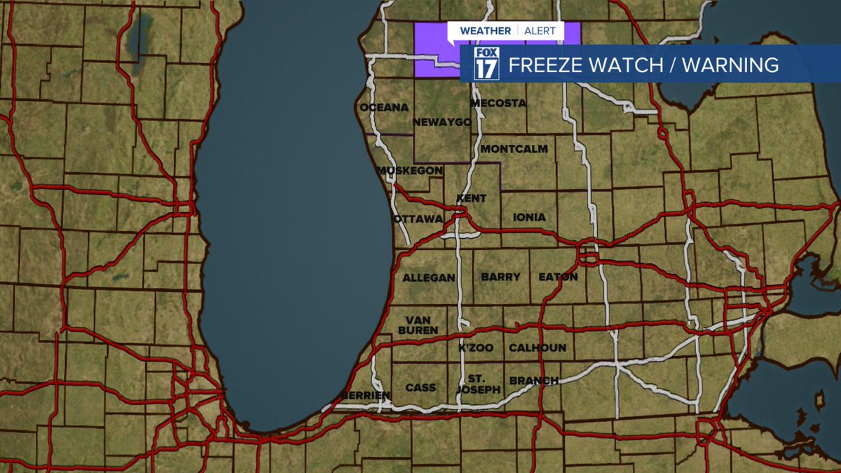 FOX17's tweet image. A Freeze Watch is in effect until 5/02 9:00AM for the following counties: Kent, Ingham, Kalamazoo, Ottawa, Jackson, Muskegon, Calhoun, Eaton, Allegan, Van Buren, Clinton, Barry, Ionia. #wmiwx #michigan