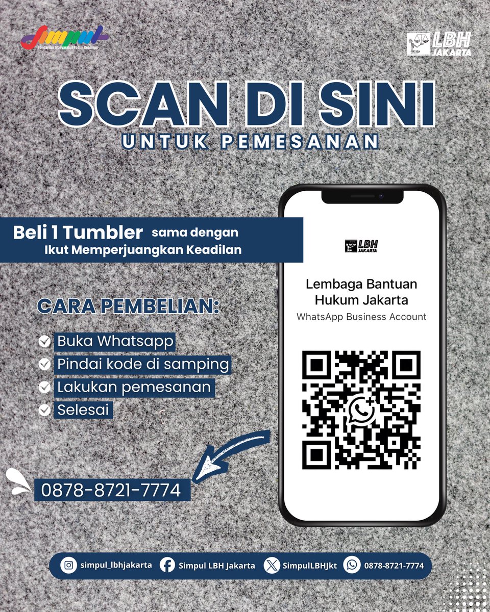SimpulLBHJkt's tweet photo. Tumbler Bring Back Justice telah hadir untuk menemani perjuanganmu‼️

Untuk pemesanan, silakan scan barcode di postingan atau langsung chat WhatsApp SIMPUL LBH Jakarta (0878 8721 7774) 😇 https://t.co/fOFyAKWq6Q
