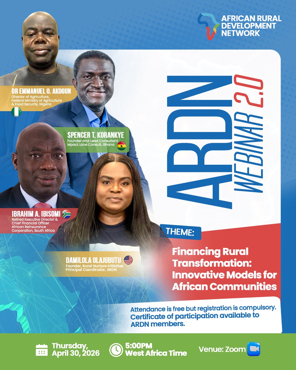 UPS_Ke's tweet photo. Happening Now!

AFRICAN RURAL DEVELOPMENT NETWORK - ARDN WEBINAR 2.0

"... bringing together leading voices to explore innovative financing models for Africa's rural transformation." https://t.co/POZDbSVPgF
