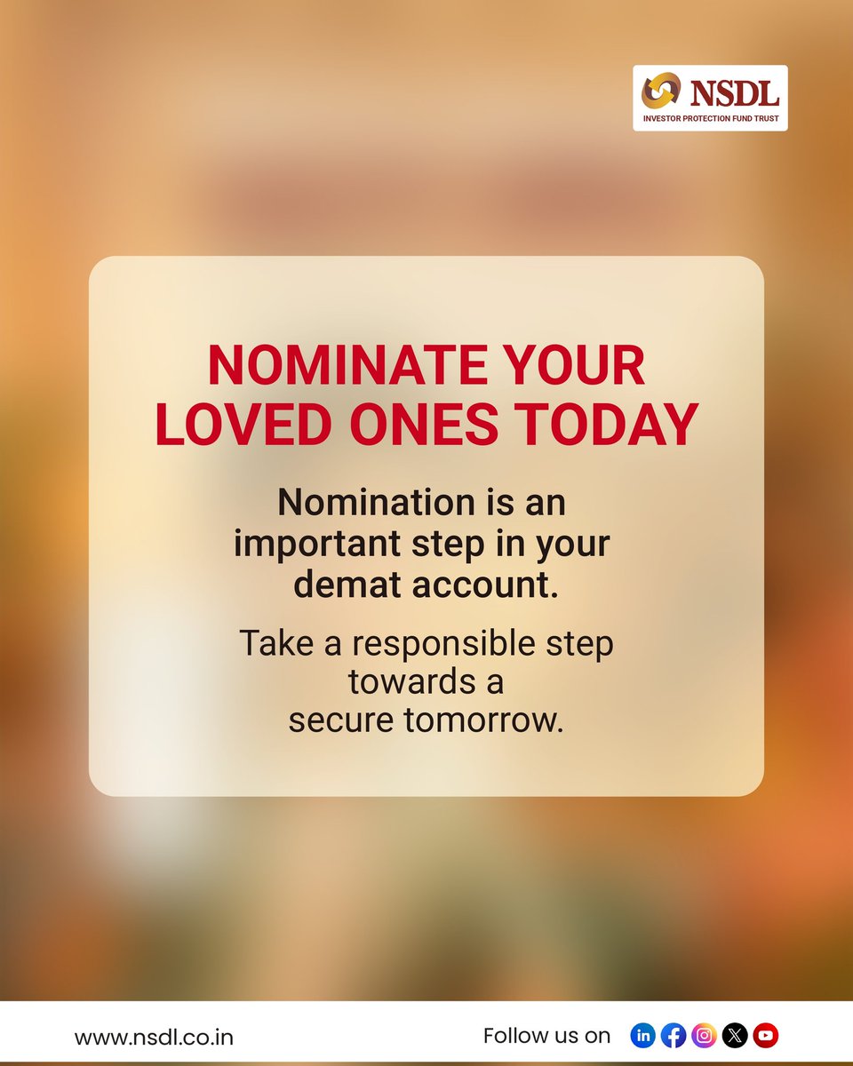 NSDL_Depository's tweet image. Not all risks come from the market.

Some come from not being prepared.

A small step today can prevent big complications tomorrow.

Make sure your investments reach the ones who matter most.

Nominate your loved ones today.

eservices.nsdl.com/instademat-kyc…

#StayPrepared