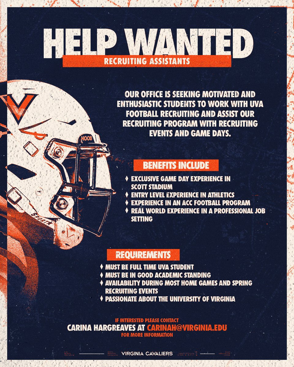 UVAFootball's tweet image. More opportunities to work with the HOOS‼️

Looking for UVA students to join our recruiting staff

#GoHoos 🔶⚔️🔷