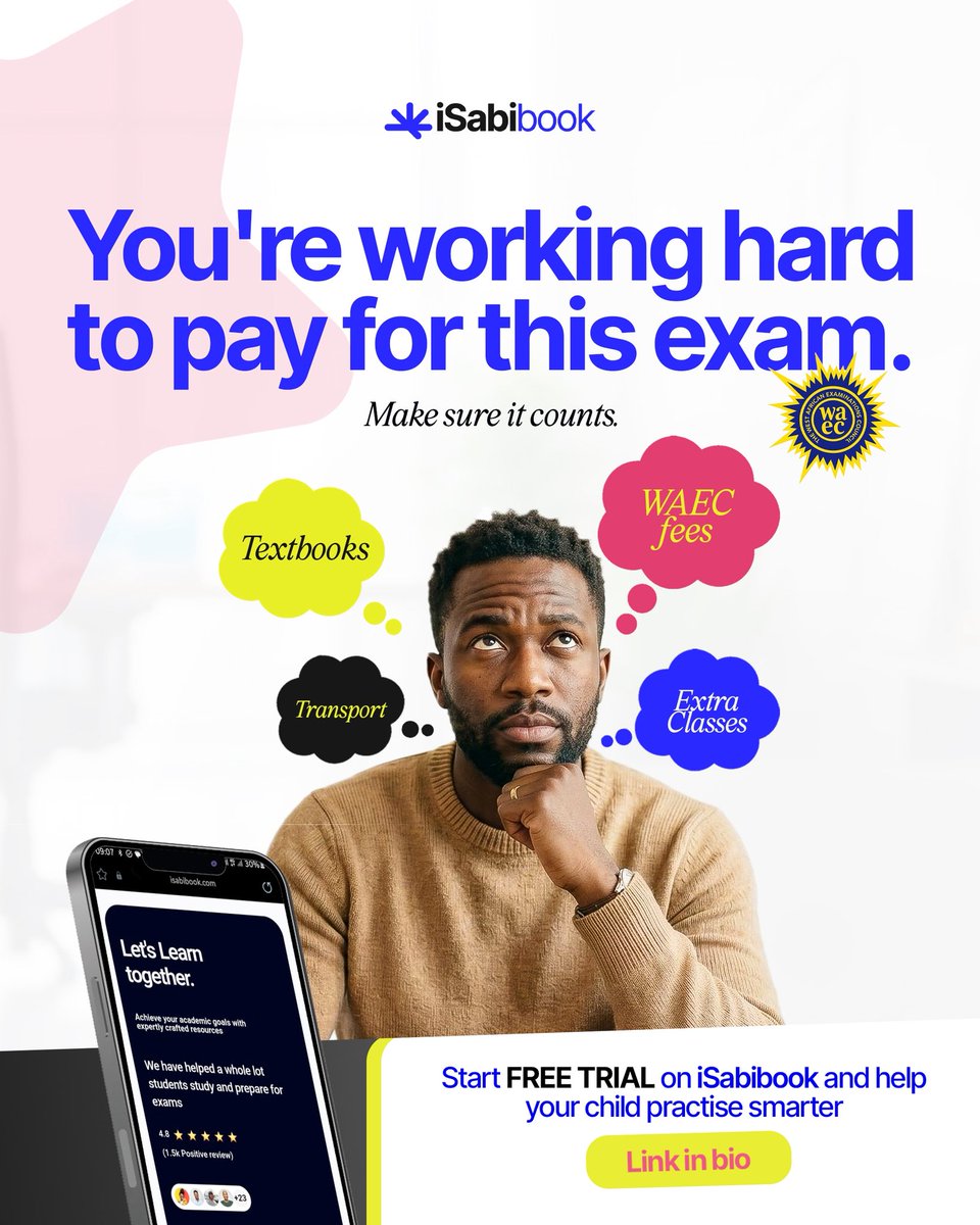 IsabibookNg's tweet photo. You've sacrificed enough. Let the prep do the rest.

Get your child WAEC-ready on iSabibook.

iSabibook gives them everything they need to prep properly for WAEC — structured lessons, real practice questions, and progress tracking that shows they're actually improving. https://t.co/dBRz3G0xnw
