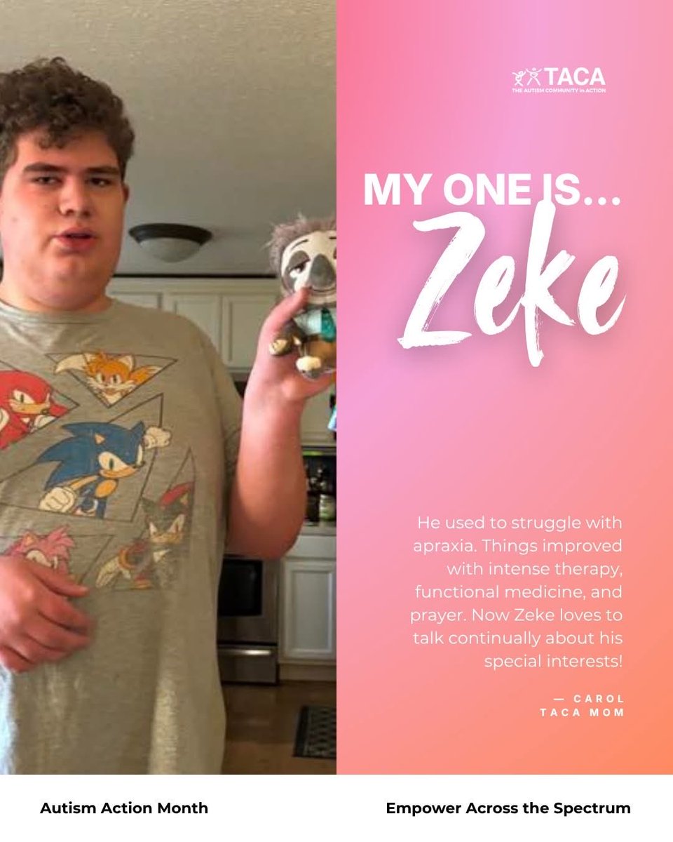 TACAfoundation's tweet photo. My ONE is Zeke. He used to struggle with apraxia. Things improved with intense therapy, functional medicine, and prayer. Now Zeke loves to talk continually about his special interests! 
- Carol, TACA Mom 

Research Link: 
https://t.co/YOshRukxXI https://t.co/EZiCb5ysz7