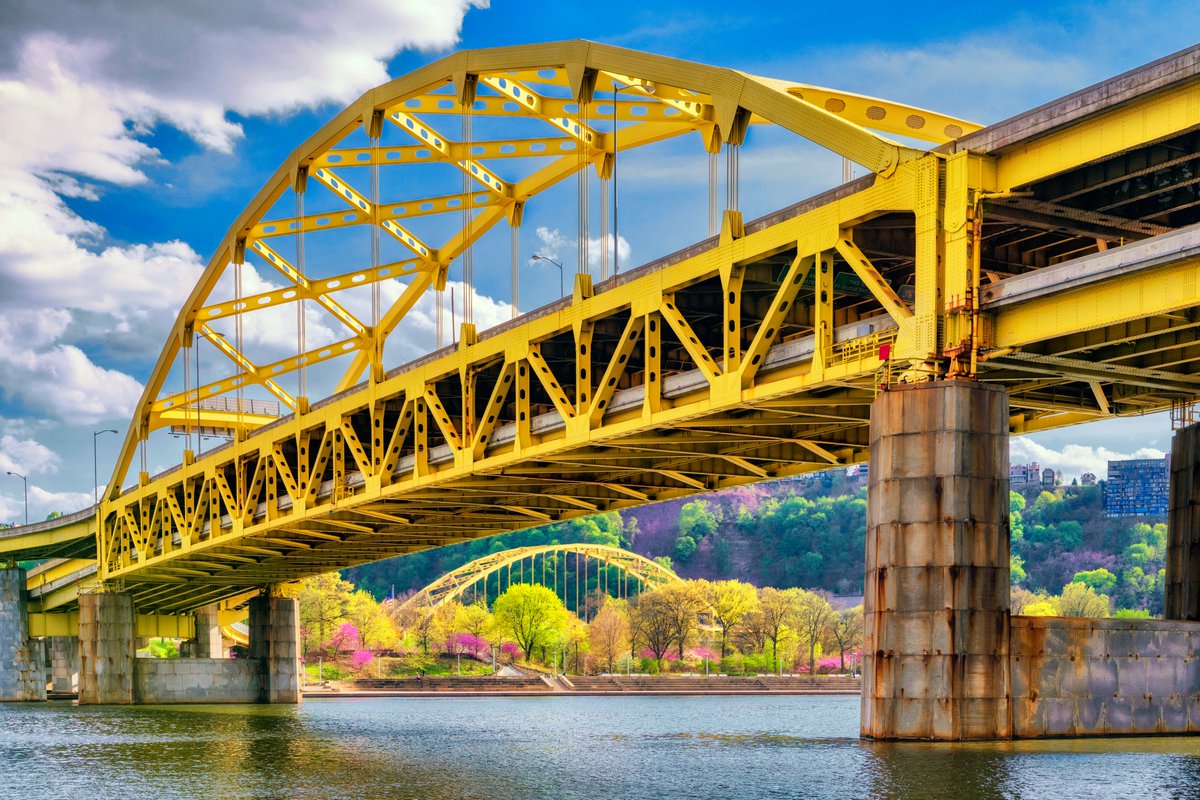 A little color on this overcast day in #Pittsburgh, and a view from the North Shore on a beautiful spring afternoon. The redbuds along the river were in full bloom, and the combination of the bright yellow bridges and almost neon blue sky made for an amazing scene.