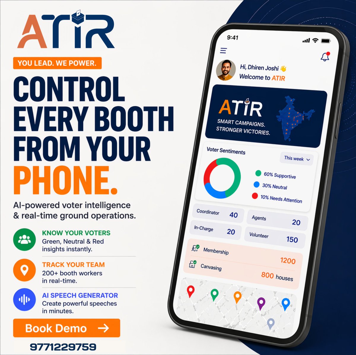 ATIRpolitech's tweet photo. Imagine controlling your entire campaign from your phone.
- Track booths.
- Monitor teams.
- See voter sentiment in real-time.

This is not the future. This is ATIR.

👉 Take control of your campaign today.
📲 +91 97712 29759 https://t.co/TJmdlKyzS9