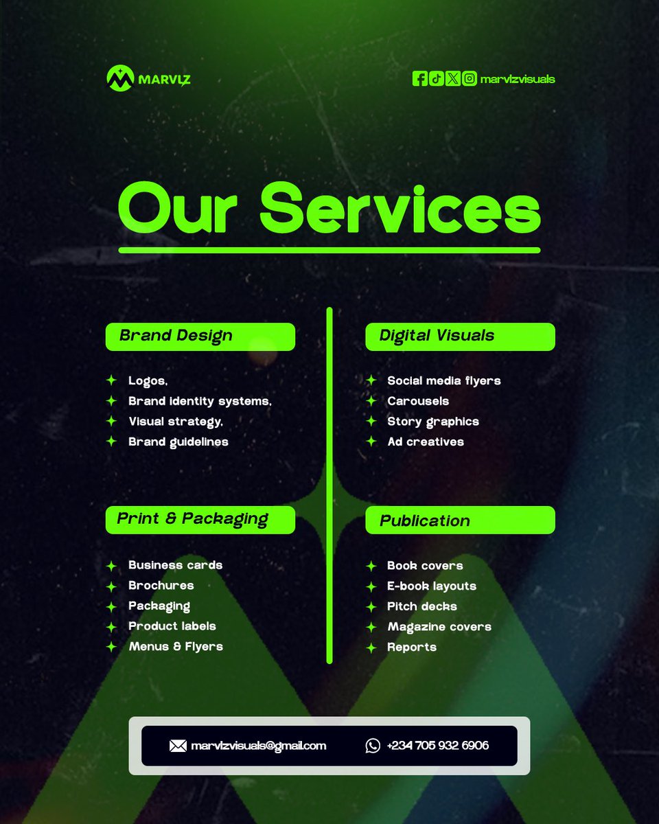 marvlzvisuals's tweet photo. Your brand is being judged before you say a word.
We make sure it passes.
@marvlzvisuals designs:
— Logos & brand identity
— Social media graphics
— Packaging & print
— Book covers & pitch decks
DM us. Let's make it make sense.
#Marvlzvisuals #BrandDesign #NigerianCreativity https://t.co/pFzY4AkqvO