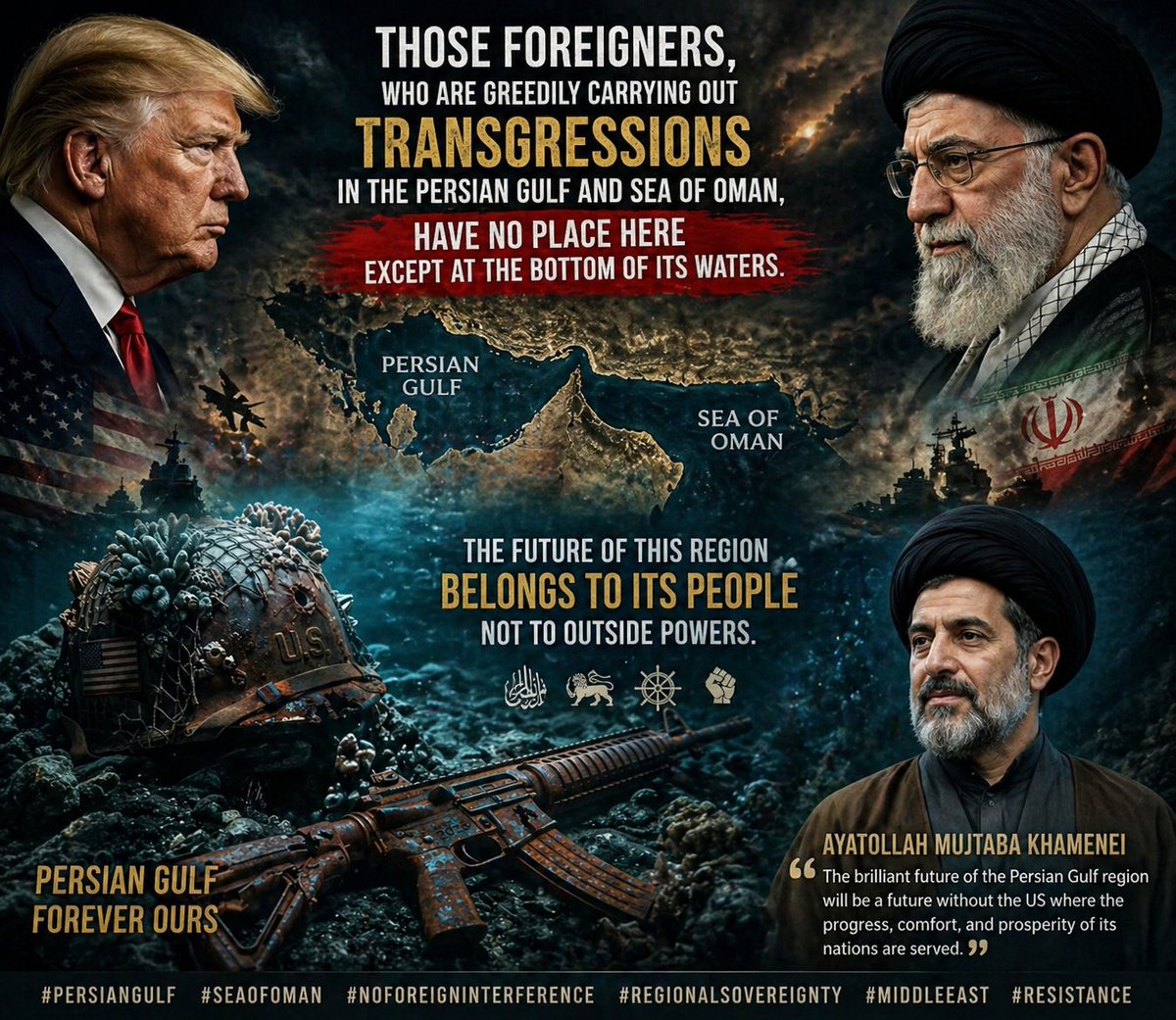 TuffailB's tweet photo. 🇺🇸🇮🇷🔥Those foreigners, who are greedily carrying out transgressions in the Persian Gulf and Sea of Oman, have no place here except at the bottom of its waters.

#PersianGulf
#GulfOfOman
#NoForeignInterference
#RespectSovereignty
#MiddleEastindia https://t.co/2PNySiVBLT