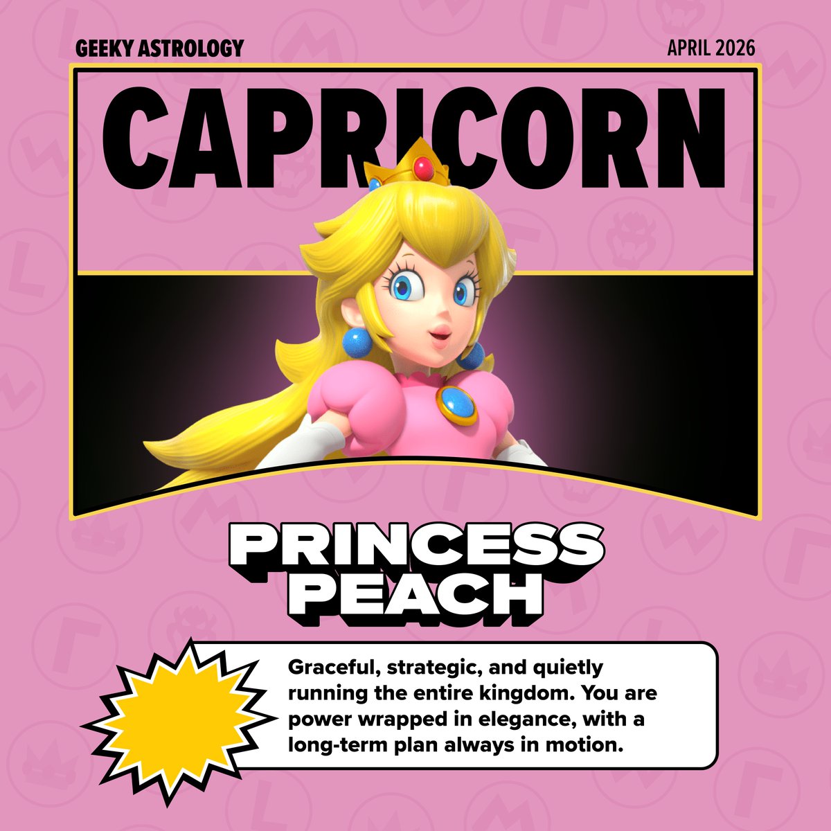 FANEXPOCLE's tweet photo. It's-a time for a new installment of Geeky Astrology. The Super Mario Galaxy movie is in theaters, and Yoshi and the Mysterious Book is out next month; we're thinking big time about Nintendo right now. To close out April, we're pairing you up with some of their iconic characters. https://t.co/l7BIWNaWA3