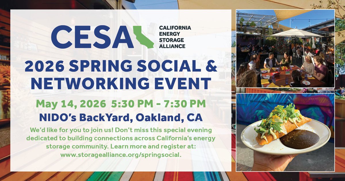 StorageAlliance's tweet photo. Who’s joining us in Oakland? 🔋
CESA Spring Social is 2 weeks away 
Food &amp; drinks included
Sponsorships available 
https://t.co/1DjRkVxAJk
#EnergyStorage #CESA https://t.co/TGJi3MZORM