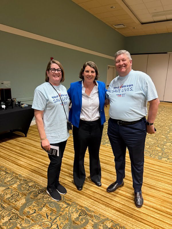 ACSCANKY's tweet photo. This week #CancerVotes Ambassadors spoke with Senate candidates @AmyMcGrathKY and @Booker4KY at the @PaducahChamber @WPSDLocal6 candidate forum. Thank you both for signing the #CancerPromise and pledging to support cancer issues if elected. https://t.co/holm0P2HWP