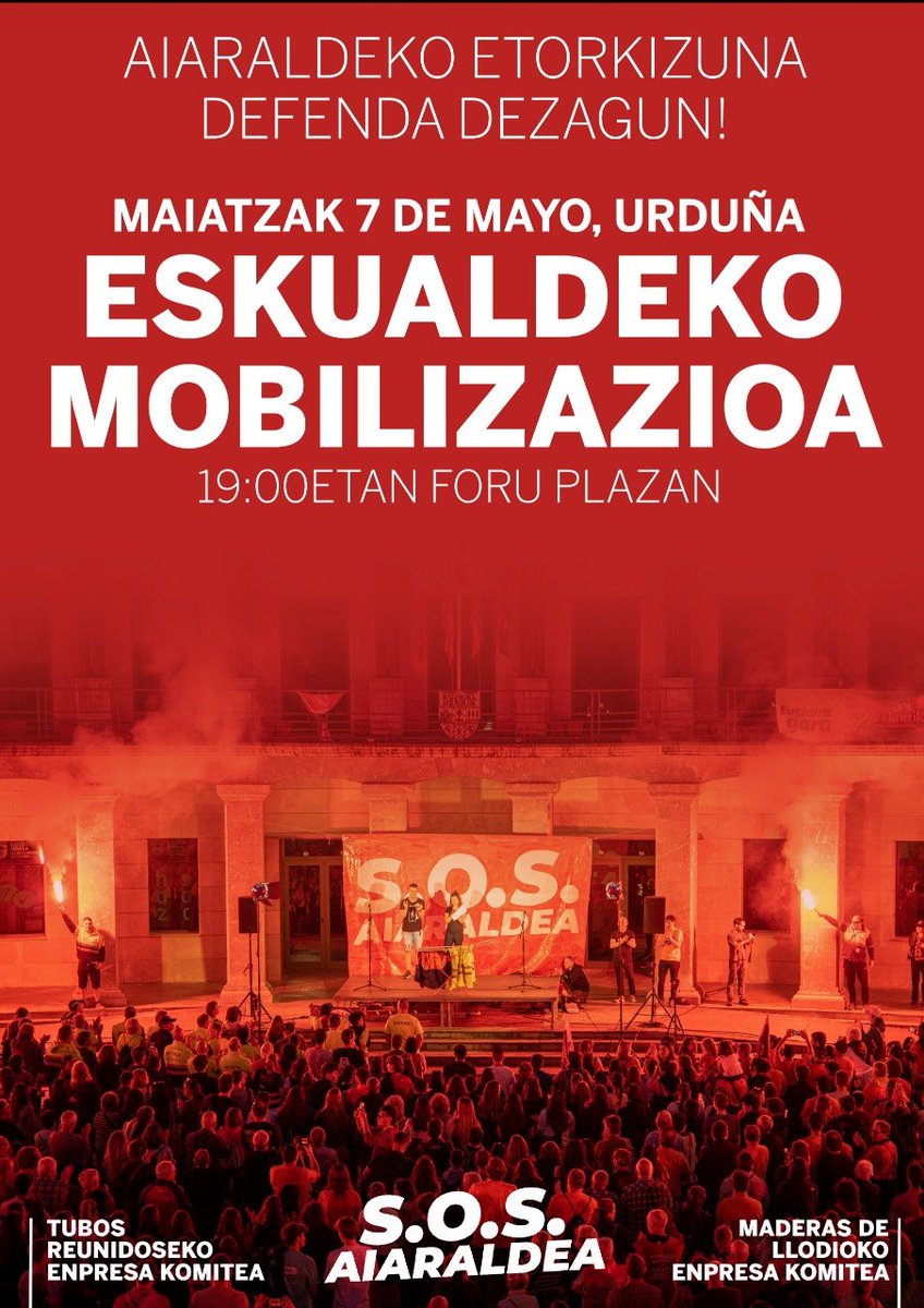 AiaraldeaGreba's tweet photo. Maiatza iristear da, eta Maderas de Llodio eta Tubos Reunidoseko langileek borrokan jarraitzen dute eskualdearen etorkizunaren defentsan. 

Urrats berriak emateko garaia da 👇👇👇

🔊 ESKUALDEKO MOBILIZAZIOA 🔊

🗓️ Maiatzak 7 de mayo

📍 Urduña, Foru plaza

🕖 19:00

Animatu! ✊ https://t.co/pHZWLovTp8