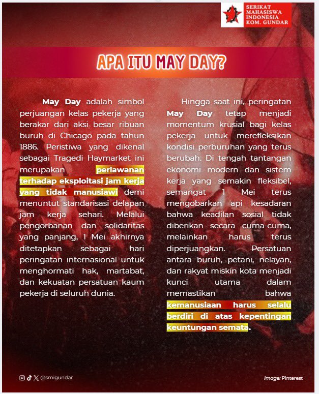 smigundar's tweet photo. May Day bukan sekadar seremoni tahunan. Ini adalah pengingat bahwa hak-hak pekerja lahir dari perjuangan panjang, bukan pemberian. Saatnya terus bersuara dan melawan ketidakadilan.

#Mayday #BuruhBersatu #UpahLayak #CerdasMilitanMerakyat https://t.co/J7MLm53w1v