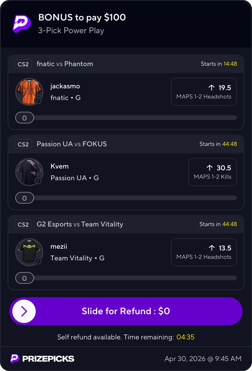 FitzDFS's tweet image. Afternoon CS2 PrizePicks 🍋

$20 bonus slip 

Gonna give $25 to somebody when this hits. Dem0n was just so unlucky man hooked our last slip but this one bangs 

#Esports #CS2 #GamblingX #PrizePicks