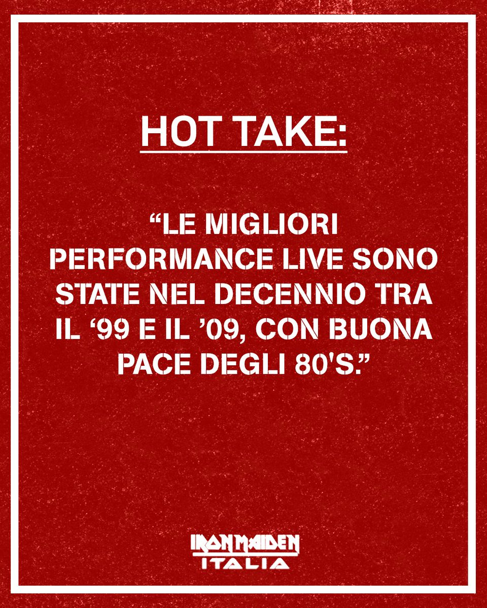 IronMaidenItaly's tweet image. Un paio di mesi fa vi avevamo chiesto di condividere con noi le vostre hot take, ovvero opinioni in cui credete fortemente ma che fanno sempre nascere dibattiti accesi.

Di questa che ci dite? 👀

#IronMaiden #Hottake #IronMaidenItalia