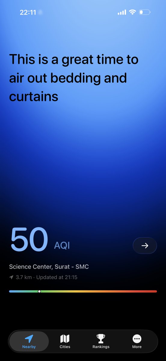 iamjay44's tweet photo. Just downloaded Good Air and wow. AQI 50 here in Surat - it told me it’s a great time to air out my bedding 😭 The color-coded UI, contextual tips, the smoothness - this is what thoughtful design looks like. India needed this. 🌬️ #GoodAir https://t.co/K4lw95240J