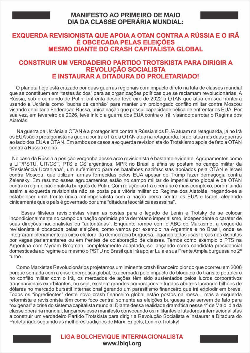 LBIQI's tweet photo. MANIFESTO AO 1º DE MAIO: EXQUERDA REVISIONISTA QUE APOIA A OTAN CONTRA RÚSSIA E IRÃ É OBCECADA PELAS ELEIÇÕES MESMO DIANTE DO CRASH CAPITALISTA GLOBAL. CONSTRUIR UM  PARTIDO TROTSKISTA PARA DIRIGIR A REVOLUÇÃO SOCIALISTA!
https://t.co/3C9RBkvhHI https://t.co/6FOgdDNp3p