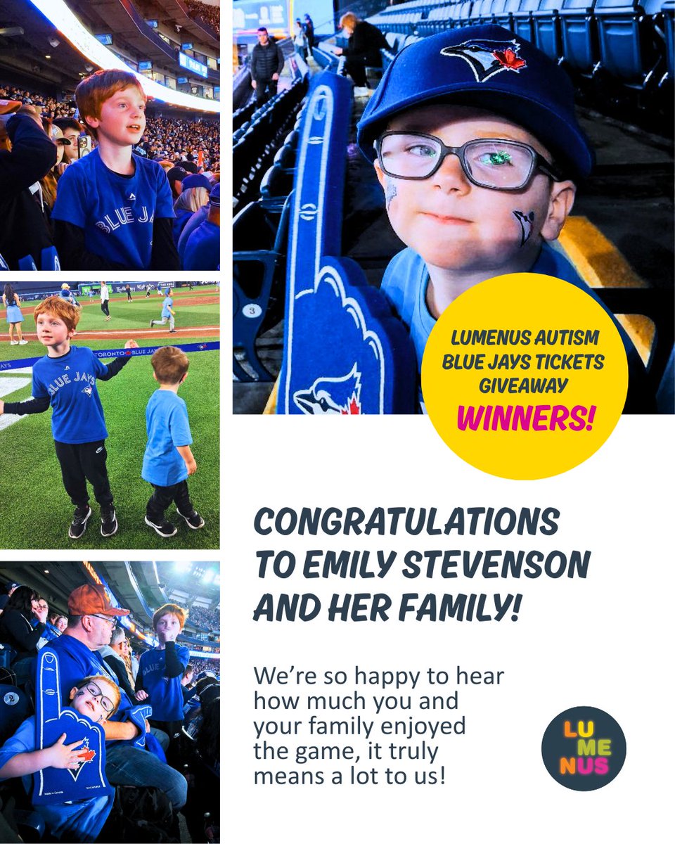LumenusCS's tweet image. A huge congratulations to Emily Stevenson and her family on winning tickets! 🎉

We’re so glad to hear you had an amazing time at the game, moments like these are what it’s all about. #BlueJays #Lumenus #Toronto #Autism #Community
