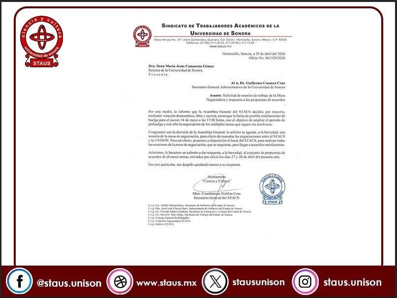rfsonora's tweet image. 🚨 #Hermosillo | #STAUS aplaza estallamiento de huelga para el 14 de mayo

La Asamblea General decidió prorrogar la posible huelga hasta el jueves 14 de mayo a las 17:00 horas, con el objetivo de dar margen al diálogo con la Rectoría.

El dirigente Cuauhtémoc Nieblas Cota