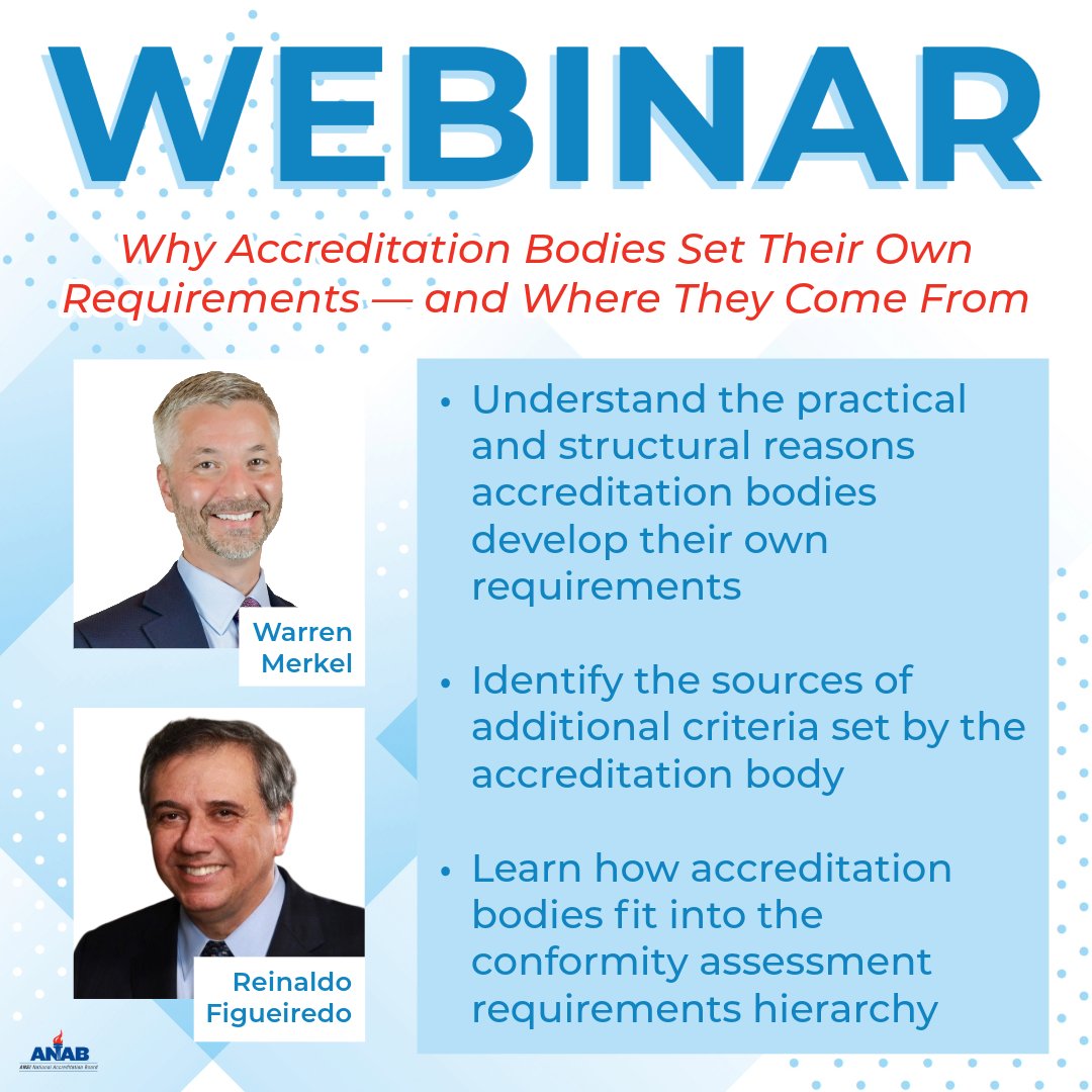 ansidotorg's tweet image. What drives the requirements set by #Accreditation bodies, and why do they go beyond the #Standards? Join @ANAB_ACCREDIT’s Warren Merkel and Reinaldo Figueiredo in an informative webinar that will explore the reasons accreditation bodies develop their own requirements.

📅 May