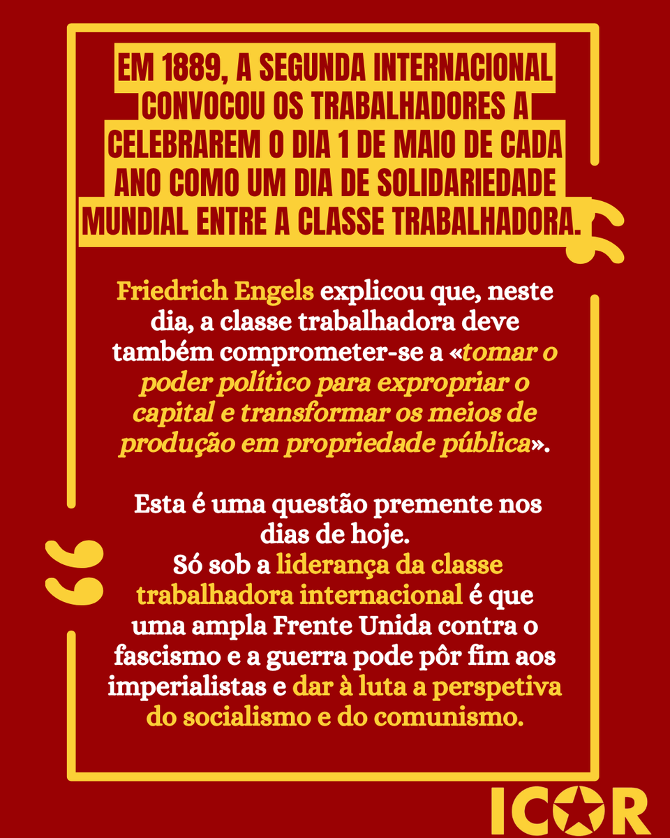 UMLP_PT's tweet photo. Declaração da ICOR:
Saiamos às ruas no Dia do Trabalhador contra a exploração implacável das pessoas e da natureza – pelo futuro da classe trabalhadora sob o socialismo!

Viva o 1º de Maio! https://t.co/YYM3wOLmWz