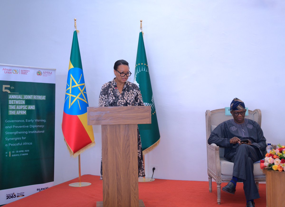 APRMorg's tweet photo. The Fifth Joint Retreat of the APRM and AU Peace and Security Council @AUC_PAPS) is underway in Burayu, Ethiopia.
In her statement, the CEO of the APRM @APRM_MarieRose, called for a paradigm shift in which prevention is treated as “a governance investment.” #APRMPSC https://t.co/Tbc4KtiFLC