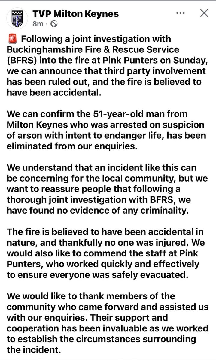 ralpheboy177's tweet image. For any trying to use the horrific fire at #pinkpunters in #miltonkeynes to compare at best to antisemitism or at worst to justify it then please say latest press release to save having to delete later.  It’s awful and a great establishment loss to community but isn’t the same
