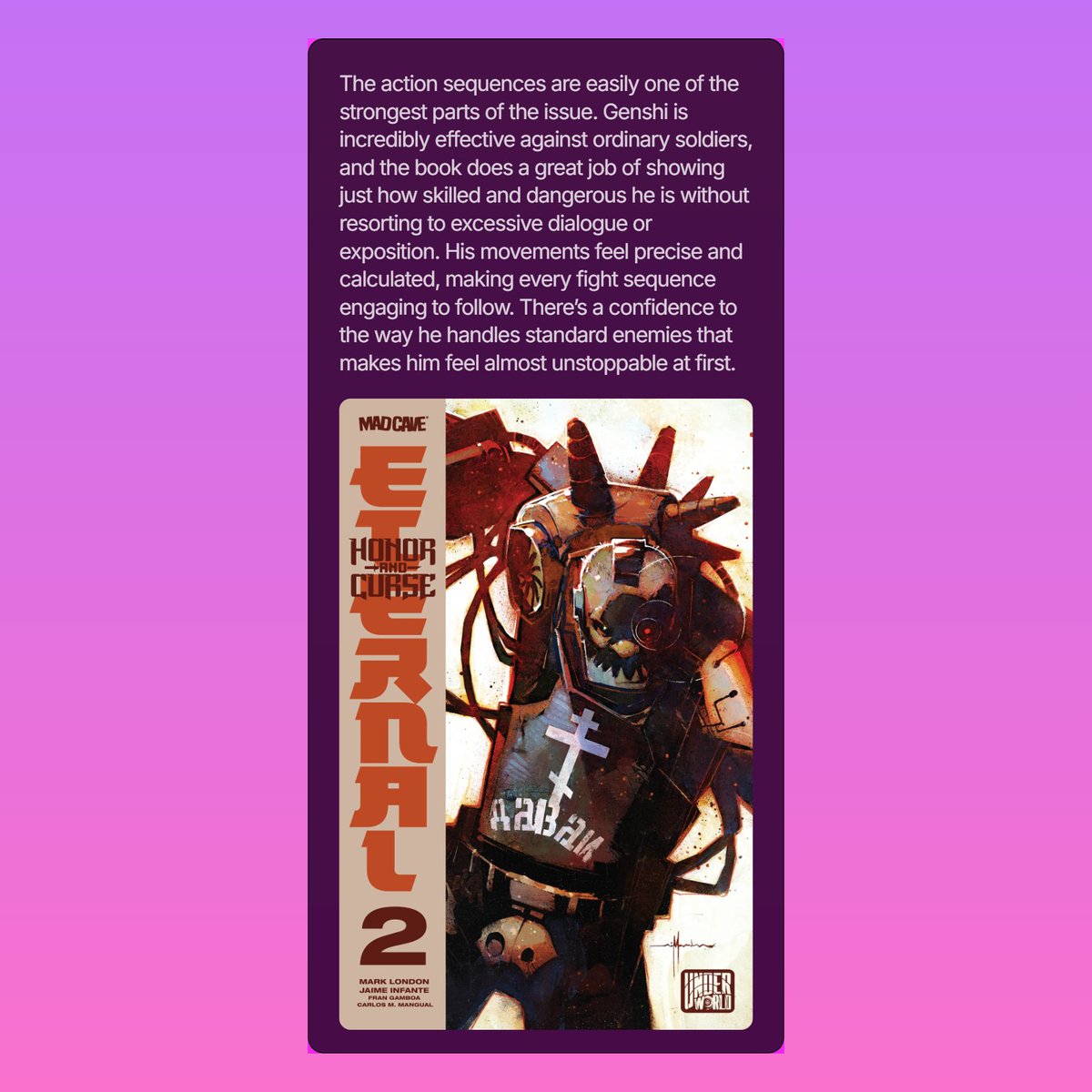 michaeljnimmo's tweet image. Review - Honor and Curse: Eternal #2 from Mad Cave Studios

Our second chapter raises the stakes as Genshi’s war turns darker and more personal.

comics.3millionyears.co.uk/i/195450353/ho…

#Review #HonorAndCurse #MadCave