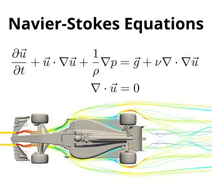 mathemetica's tweet photo. Navier-Stokes in the wild 

∂𝐮/∂t + (𝐮·∇)𝐮 + (1/ρ)∇p = 𝐠 + ν∇²𝐮
∇·𝐮 = 0

The infamous nonlinear PDEs governing incompressible viscous flow — still one of the 7 unsolved Millennium Prize Problems (Clay Math Institute, $ 1M bounty).

Yet every F1 team brute-forces these equations on HPC clusters with RANS/LES turbulence models to sculpt boundary layers, vortices, and ground-effect downforce at 300+ km/h.

Those rainbow streamlines? Direct numerical visualization of the velocity field solution. 

Math so beautiful it makes cars fly.