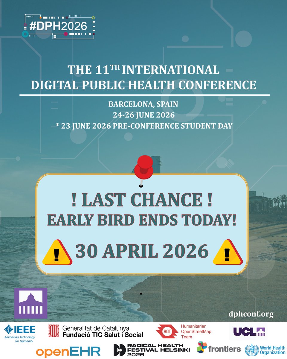 UCL_dPHE's tweet image. 🚨 Final hours for Early Bird #DPH2026!
Join us in Barcelona to connect &amp;amp; shape the future of #digitalpublichealth.
📢 Check the preliminary programme
dphconf.org/programme-2/

👉 Register now before rates increase
dphconf.org/attending-2/re…

#Registration #EarlyBird #DigitalHealth