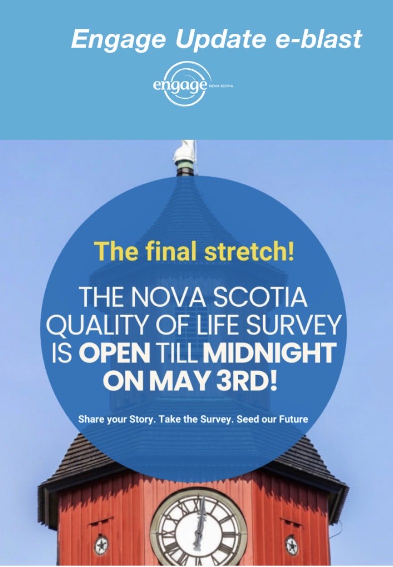 David_Hendsbee's tweet photo. Engage NS extended the deadline for the Nova Scotia Quality of Life Survey until midnight- May 3rd! To take the survey, email them: survey@engagenovascotia.ca or call toll-free 1-833-224-0333. 
They will provide you with a unique user code &amp; survey website link. Open to All ages! https://t.co/o9SZjtaVtK
