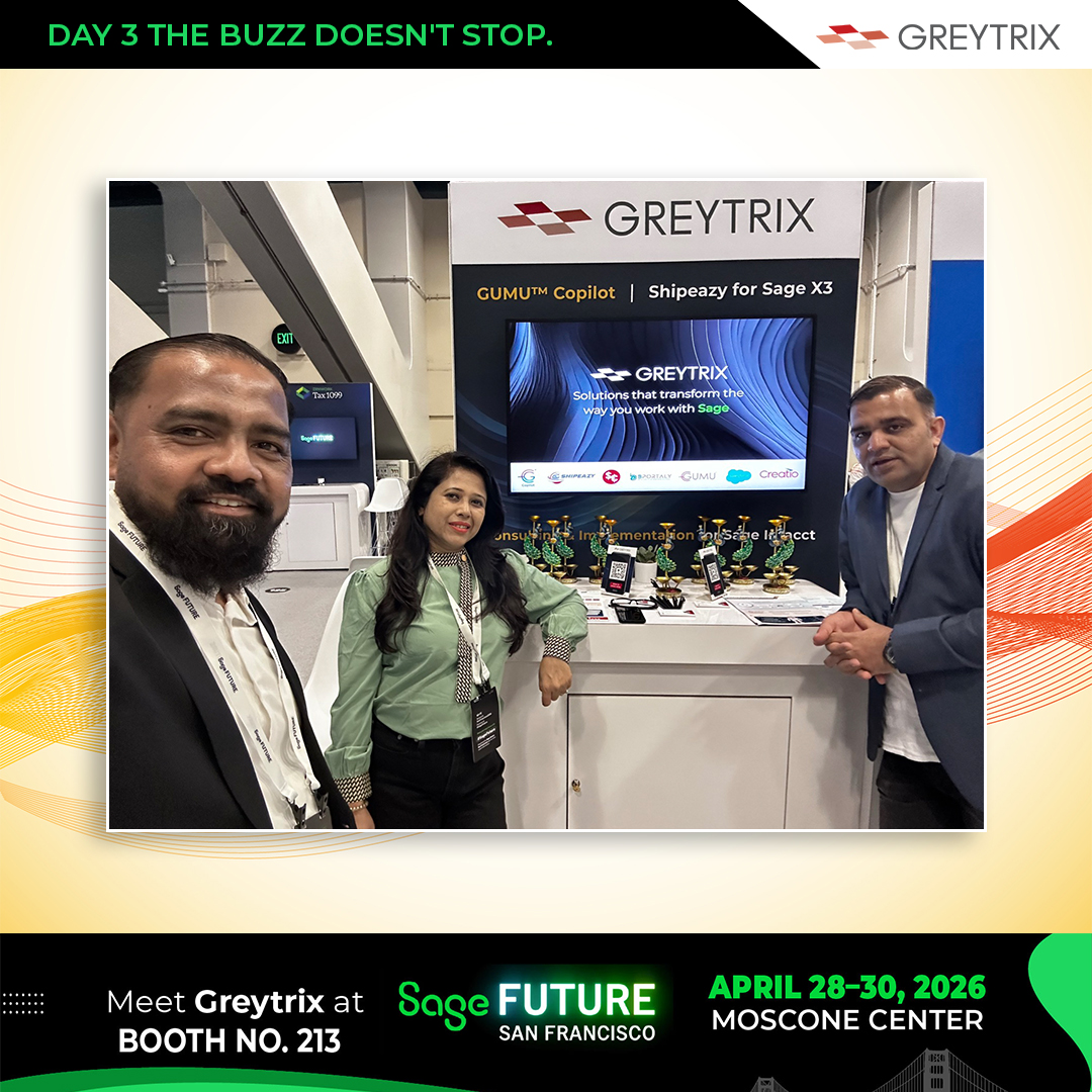 greytrix's tweet photo. Day 3 at Sage Future 2026—and the momentum continues. Wrapping up a week of conversations, demos, and connections. Last chance to meet the Greytrix team.

Booth 213 | Moscone Center, SF.

#Greytrix #SageFuture2026 #SagePartner #SageERP #ERP #CRM #SageFuture https://t.co/sRGlXO8Tfo