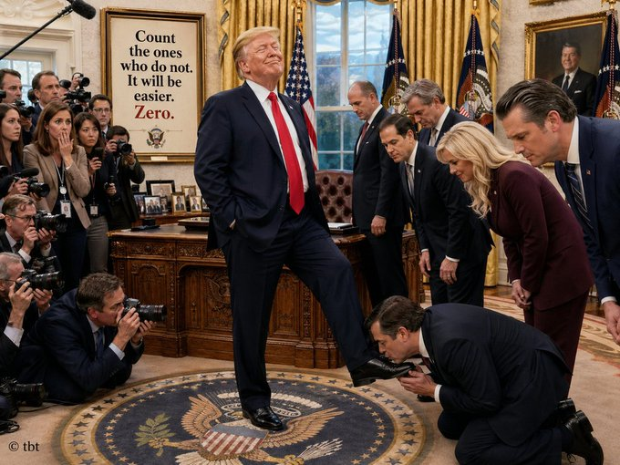 <a href="/JoJoFromJerz/">Jo</a> Trump could stand up in the middle of an Oval Office meeting, in front of the entire press pool, and tell his administration one by one to kiss his feet to prove their loyalty.

Do not bother counting the ones who do it.

Count the ones who refuse.

It will be quicker.

Zero.