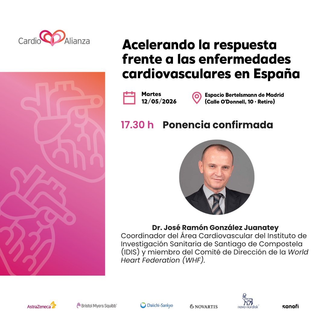 📢El 12/05 a las 17h te esperamos en la #jornada "Acelerando la respuesta frente a las #ECV en #España", en Madrid.
Contaremos con la participación del Dr. González Juanatey👨‍⚕️, el cual abordará los pilares del Plan Europeo "Safe Hearts"🫀

🔗Inscríbete: bit.ly/Jornada_ECV_12…