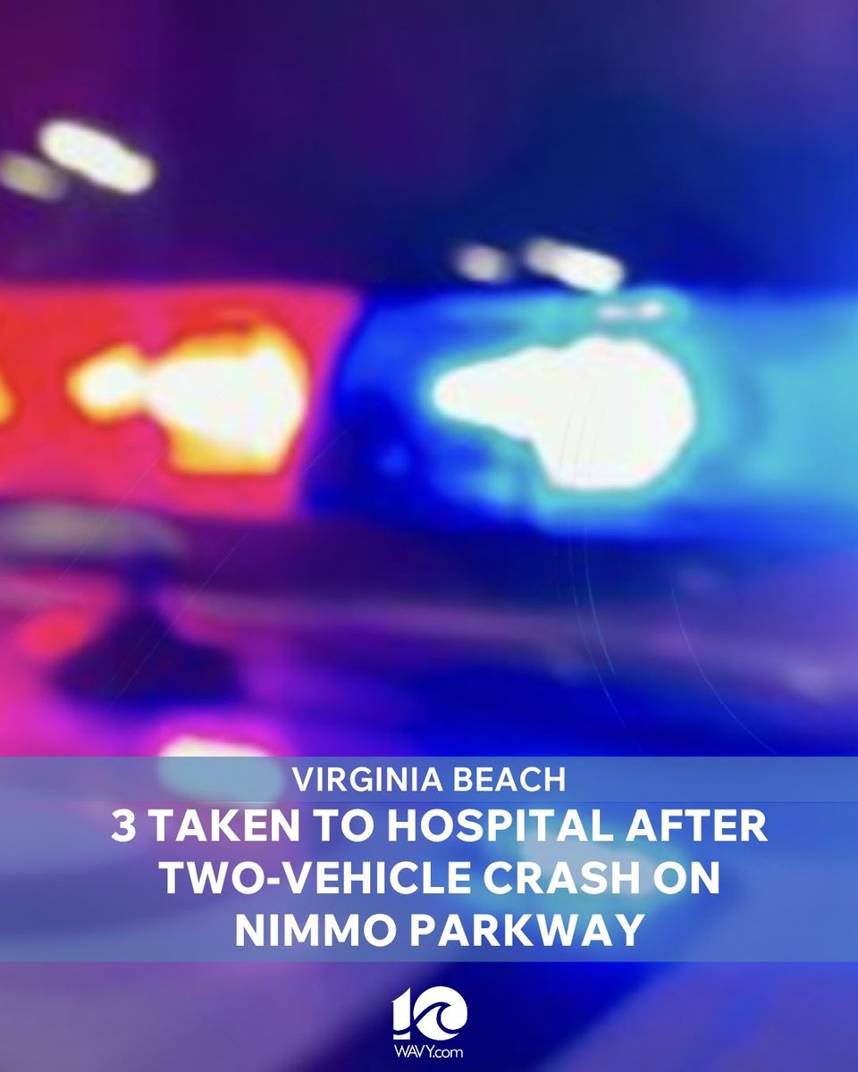 WAVY_News's tweet photo. Three people were taken to the hospital following a two-vehicle crash Wednesday night on Nimmo Parkway, according to the Virginia Beach Police Department.

Emergency Communications and Citizens Services received a report of a two-vehicle crash in the 2300 block of Nimmo Parkway at approximately 10:15 p.m.

Full Details- https://t.co/9FL2bN6kzc