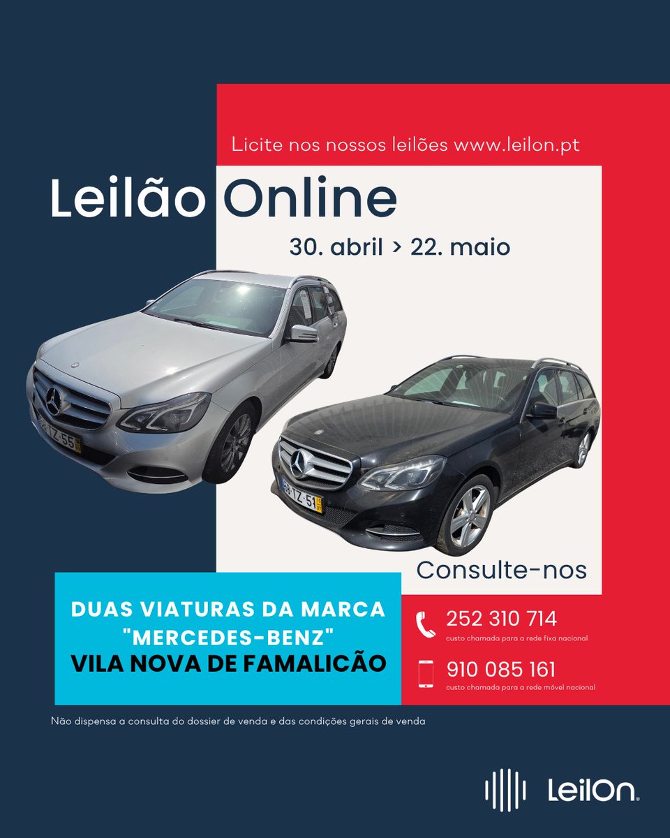 LeilonAtivos's tweet photo. ‼️ LEILÃO ONLINE ‼️

🚗 DUAS VIATURAS DA MARCA "MERCEDES-BENZ"

Licite até 22 de maio — não deixe passar esta oportunidade!
https://t.co/W22AUy4kVa

Consulte-nos!
📩 geral@leilon.pt

☎️ 252 310 714 | 910 085 161
🌐 https://t.co/agKLTChEdb https://t.co/LoJrit7uJl