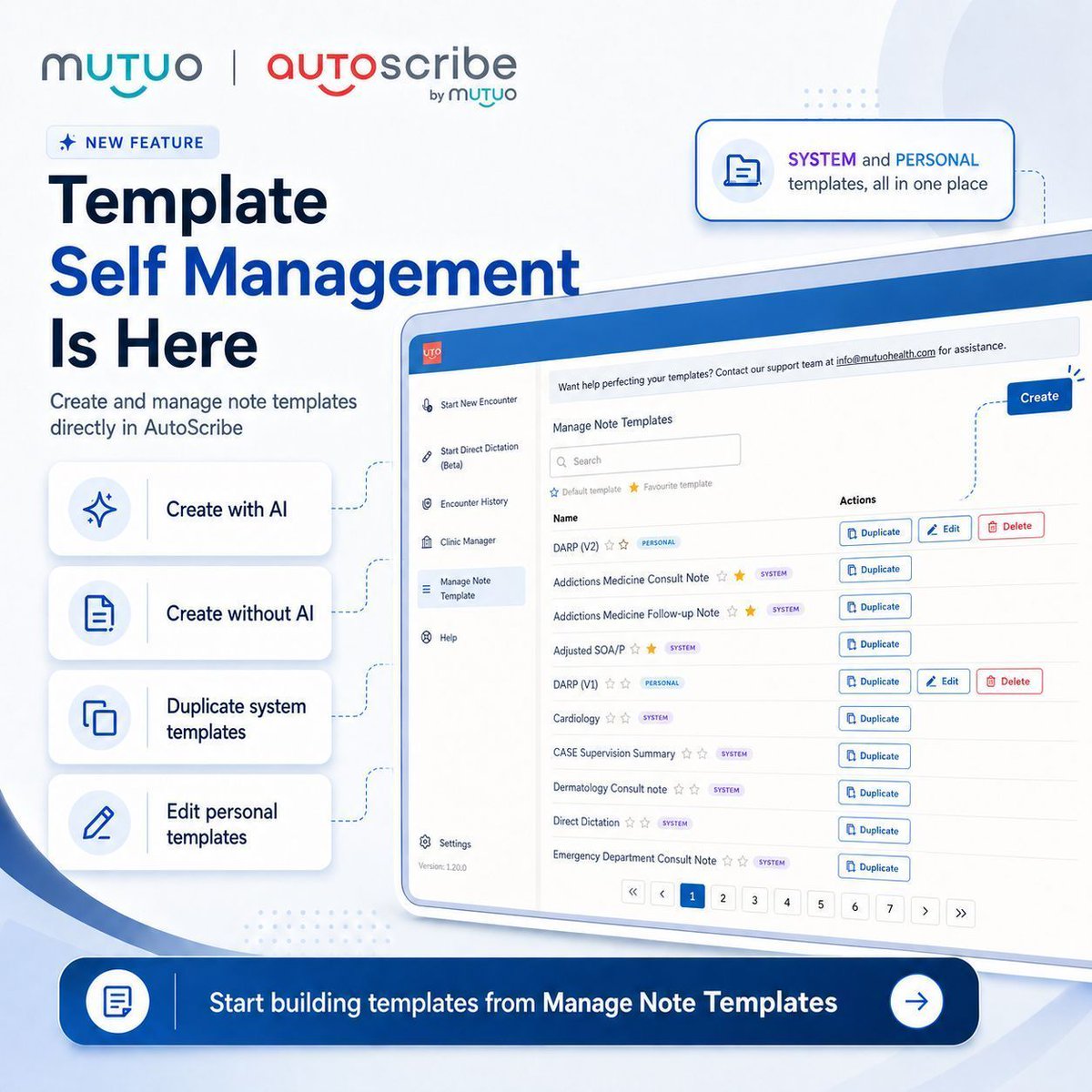 MutuoHealth's tweet photo. Template Self Management is here! AutoScribe users can now build templates with AI, start from scratch, duplicate system templates, and edit personal templates directly from Manage Note Templates. More control over your notes, right where you work! https://t.co/Y8Rdn2Za8O